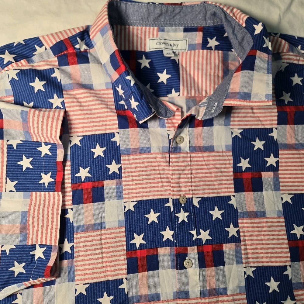 Crown &‎ Ivy Shirt Men's 4XL  Short Sleeve Button Shirt Stars Stripes USA July 4